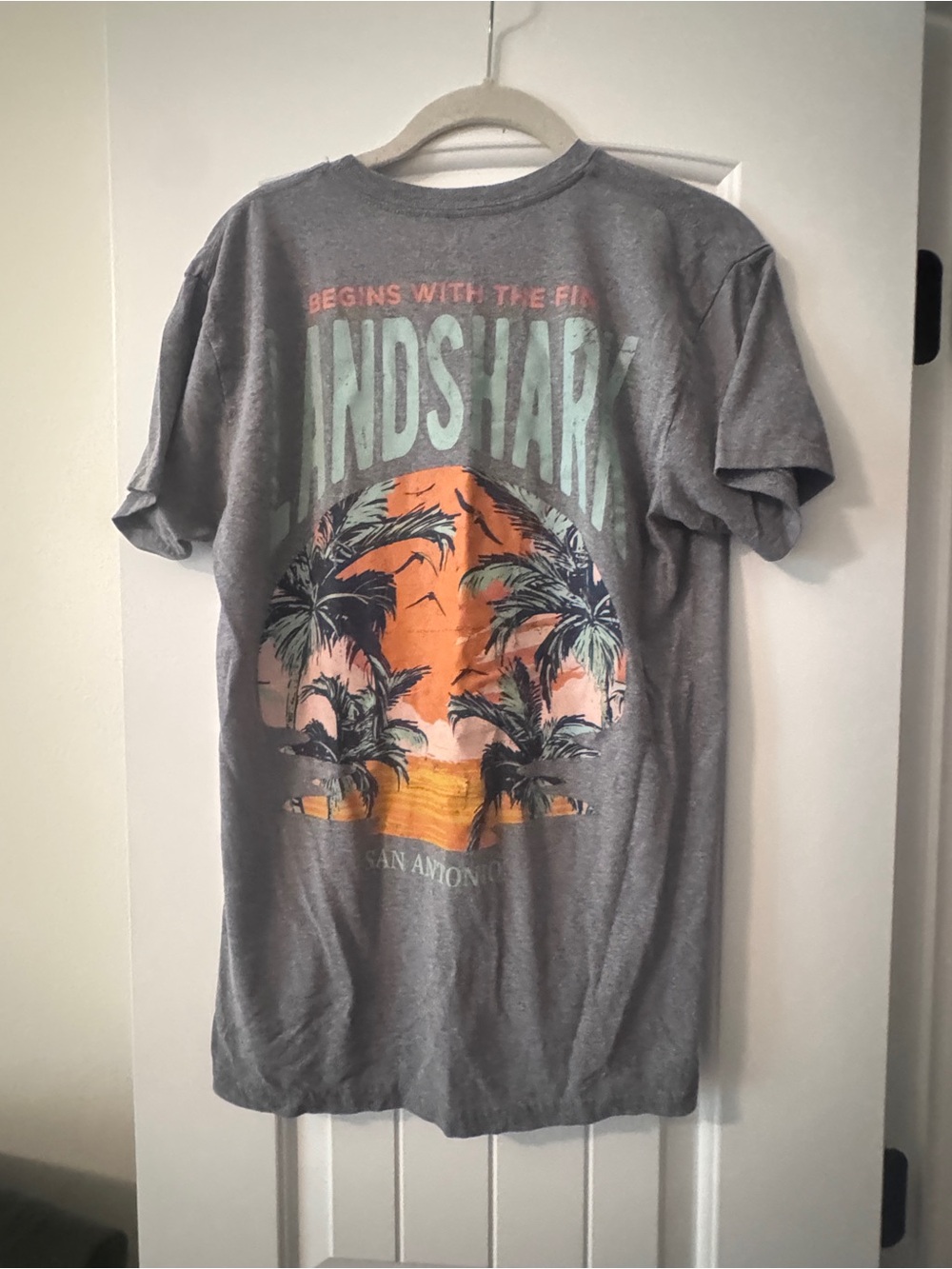 LandShark Margaritaville Gray Tee with Orange Sunset Palm Graphic